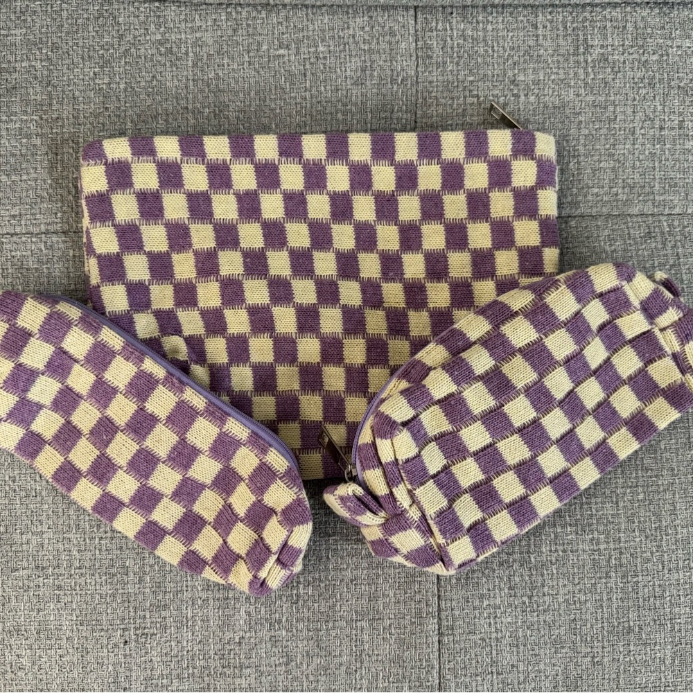 Purple and Cream Checkered Pouch Set